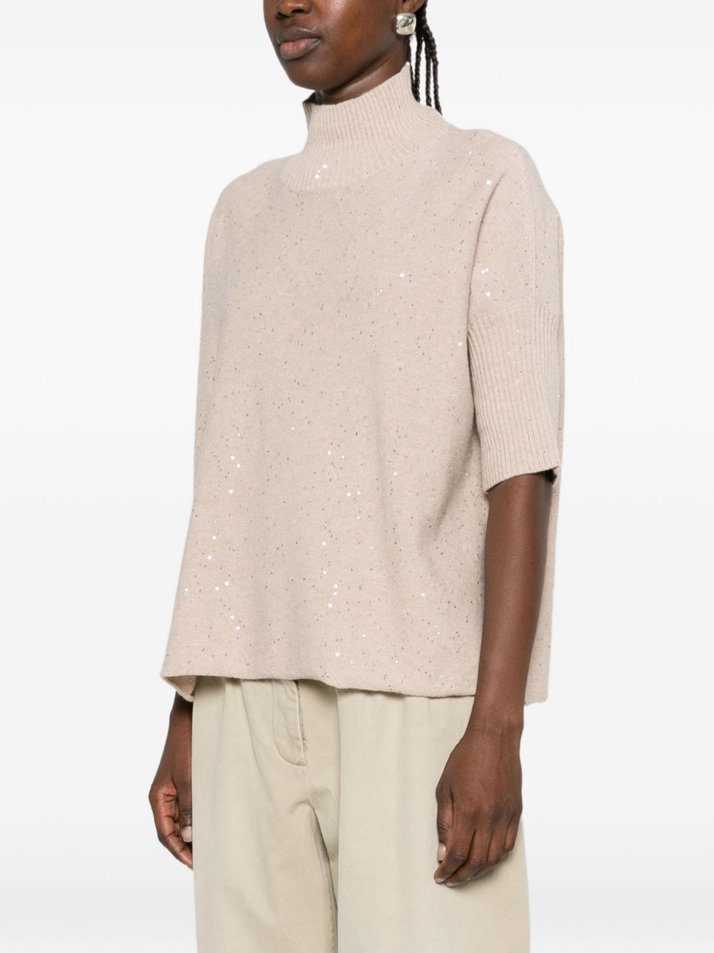 ANTONELLI Maglia Sesia a collo alto beige con micro paillettes