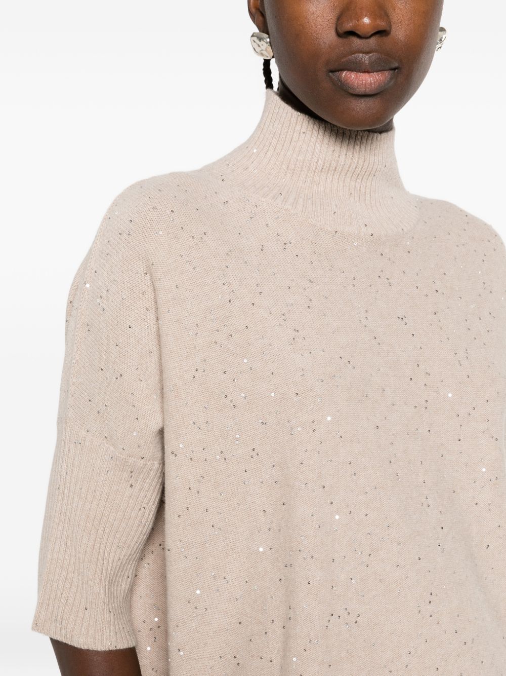ANTONELLI Maglia Sesia a collo alto beige con micro paillettes