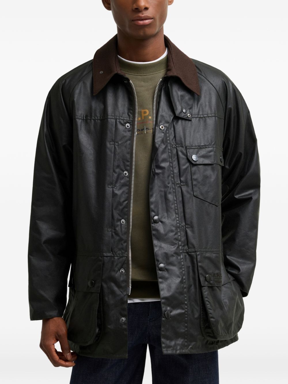 BARBOUR A.P.C. x Barbour Beaufort Giacca Cerata Verde Unisex con Cappuccio