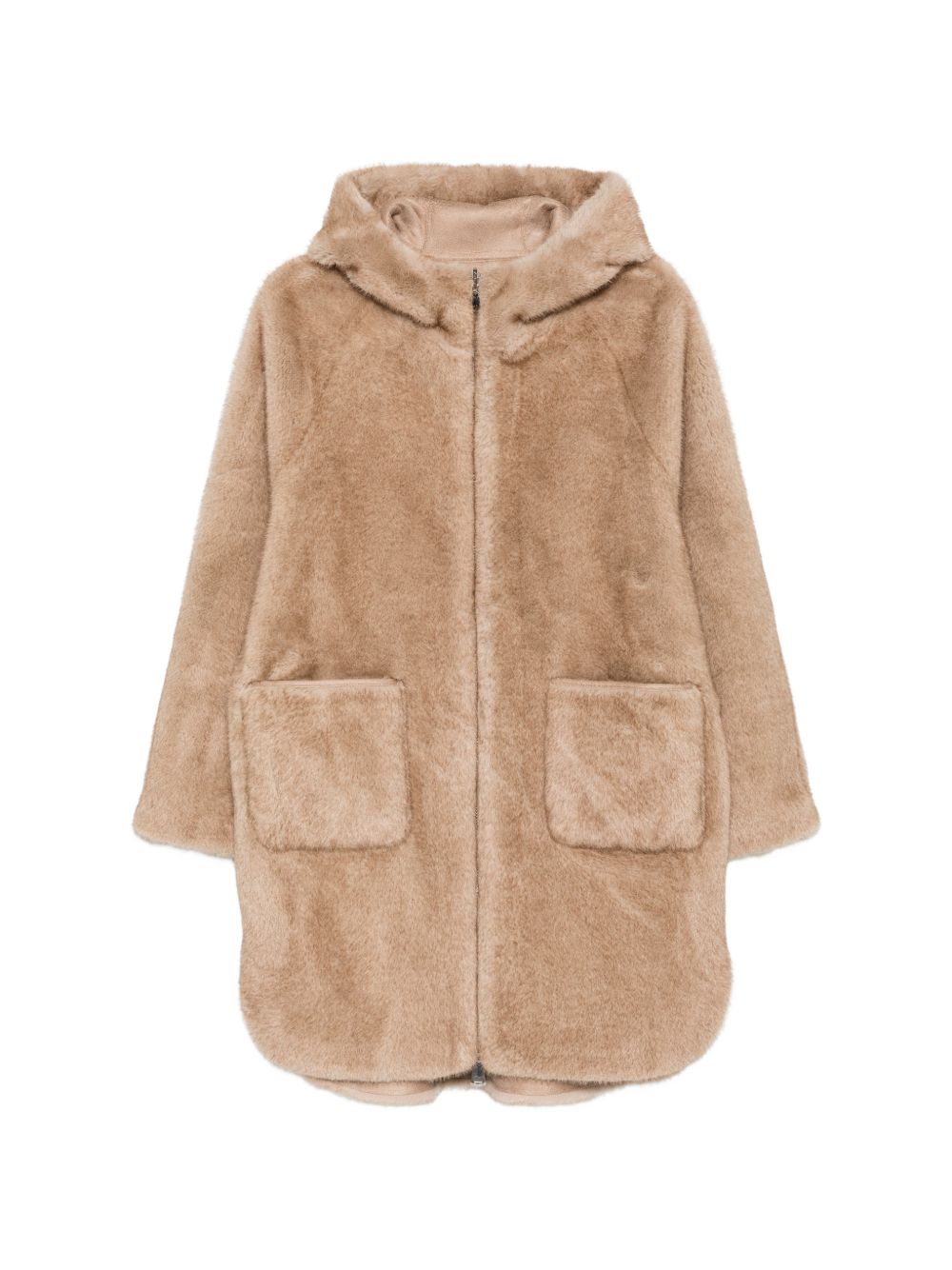 BETTA CORRADI Giacca cappotto beige in ecopelliccia con cappuccio e tasche