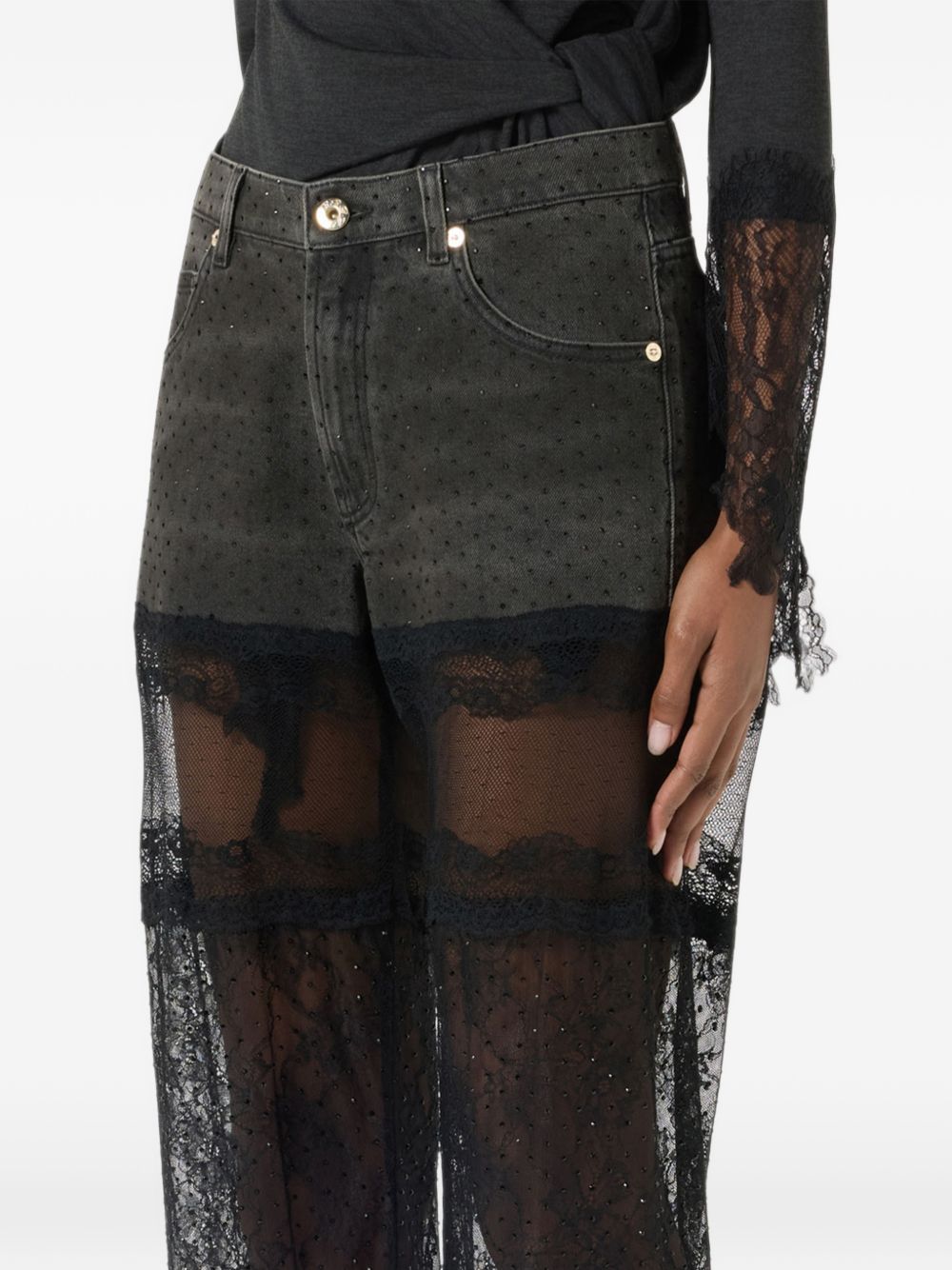 BLUMARINE Pantaloni Neri con Strass e Pizzo
