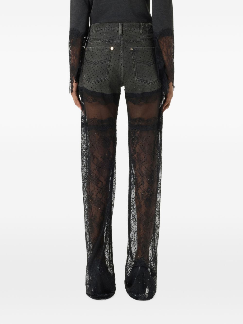 BLUMARINE Pantaloni Neri con Strass e Pizzo