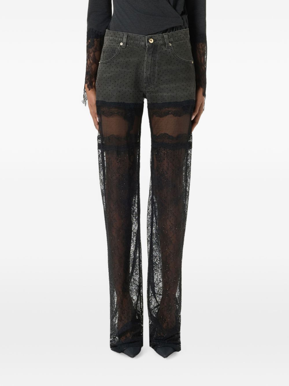 BLUMARINE Pantaloni Neri con Strass e Pizzo