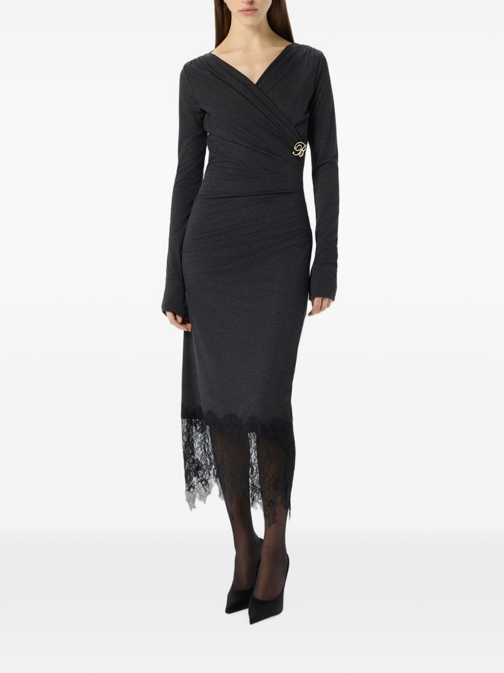 BLUMARINE Abito grigio con scollo a V e dettagli in pizzo