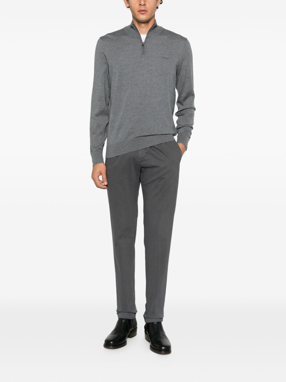 BOSS Maglia a collo alto con zip grigia in lana misto cashmere