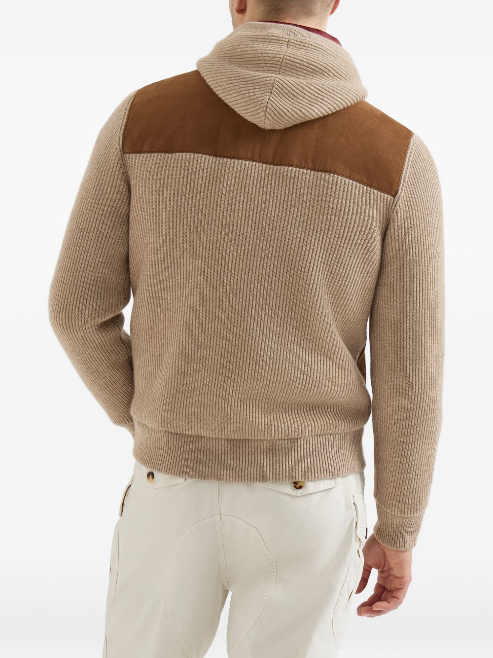 BRUNELLO CUCINELLI Giubbotto in suede con maniche e cappuccio in lana marrone e beige