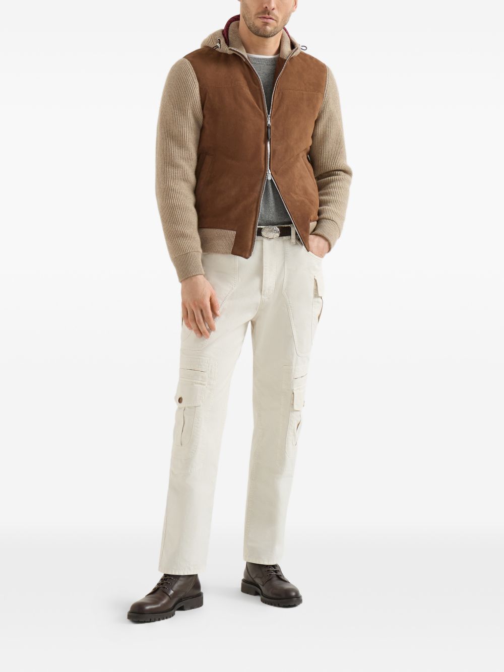BRUNELLO CUCINELLI Giubbotto in suede con maniche e cappuccio in lana marrone e beige