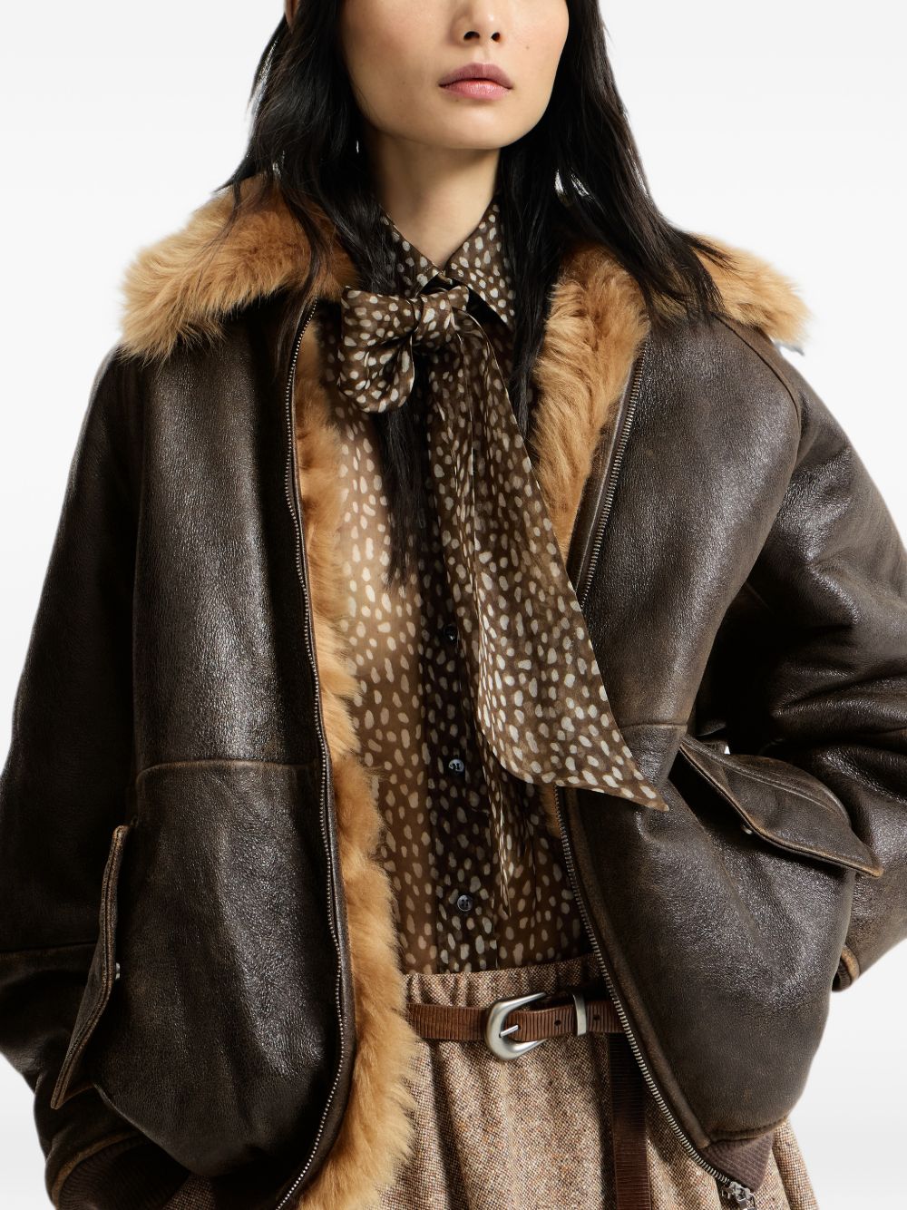BRUNELLO CUCINELLI Giacca in pelle con colletto in fur e tasche