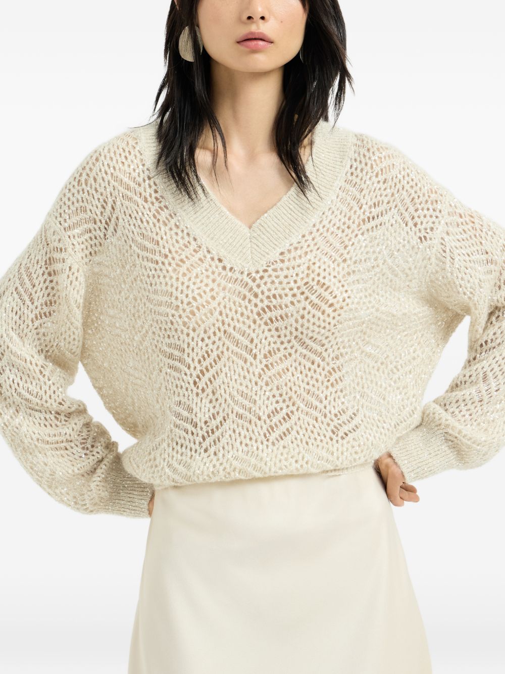 BRUNELLO CUCINELLI Maglia con scollo a V e strass panna