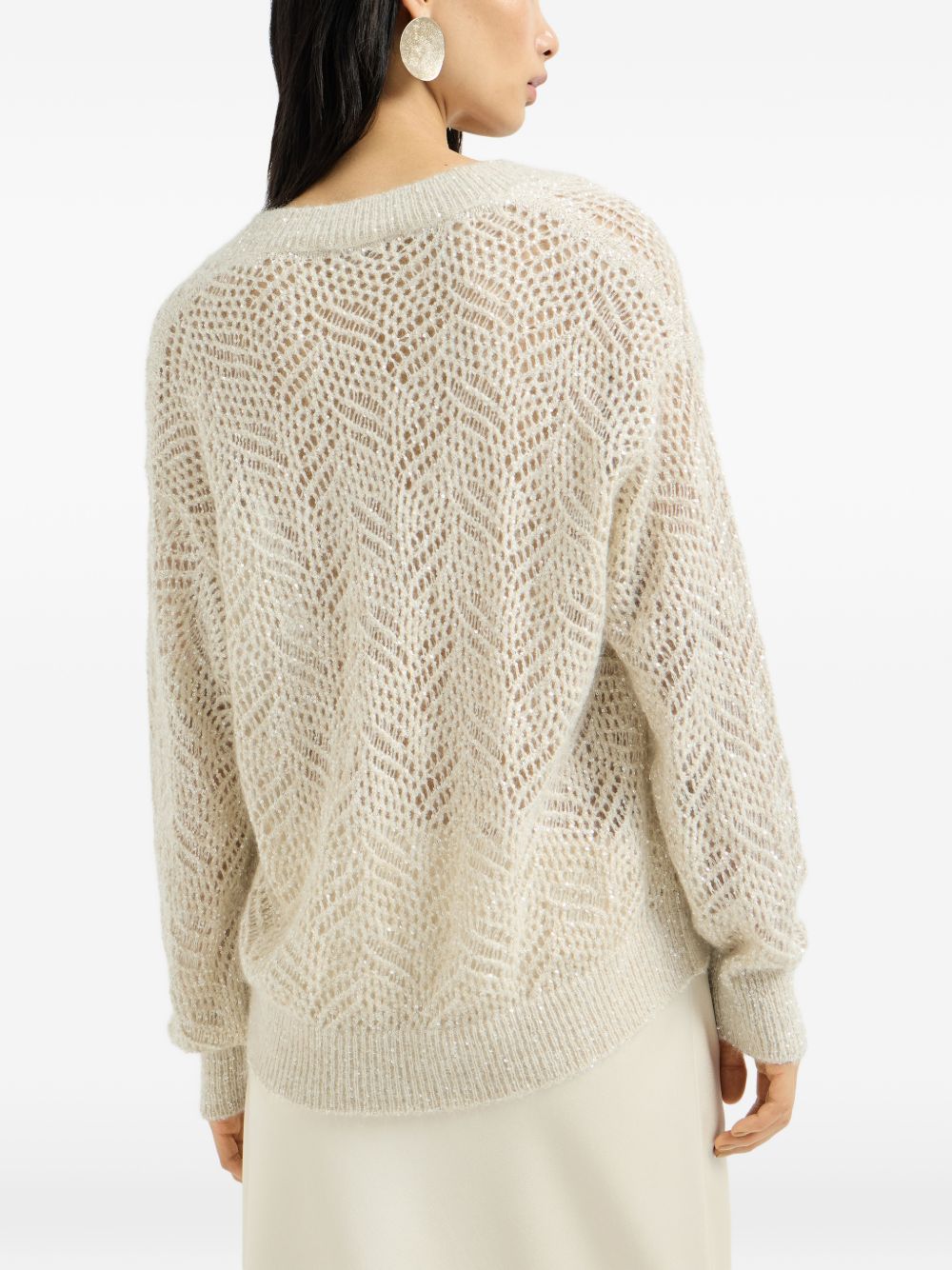BRUNELLO CUCINELLI Maglia con scollo a V e strass panna