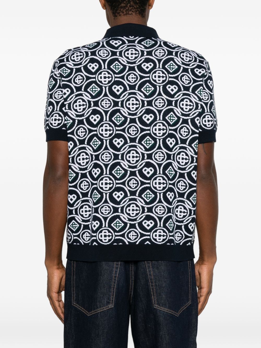 CASABLANCA Polo blu in cotone a maniche corte con logo all-over