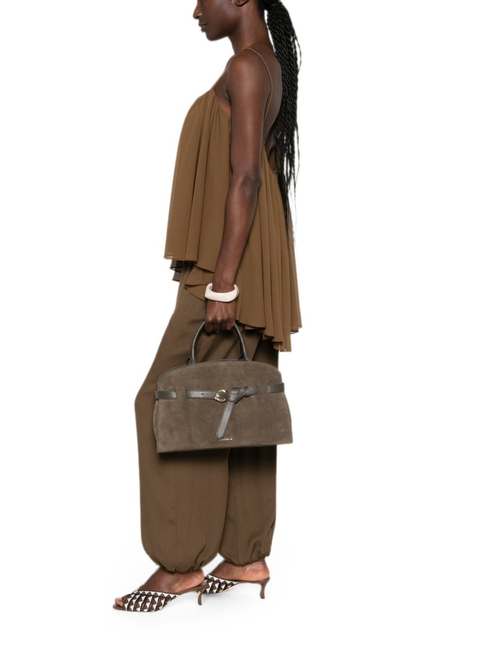 COCCINELLE Borsa a spalla in suede marrone con cinturino in pelle