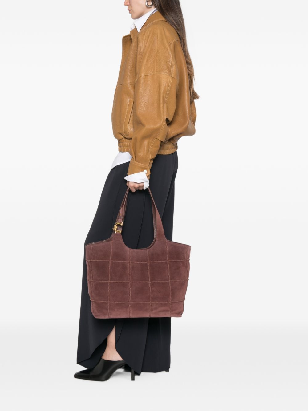COCCINELLE Borsa Tote C-Easy in pelle suede con design a riquadri color berry