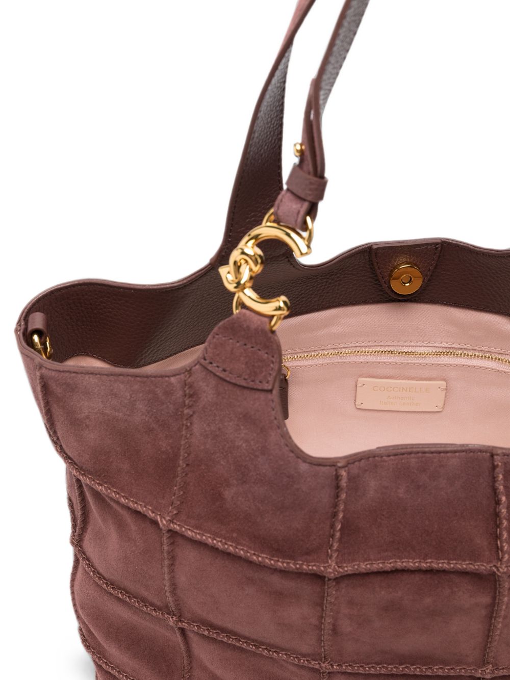 COCCINELLE Borsa Tote C-Easy in pelle suede con design a riquadri color berry