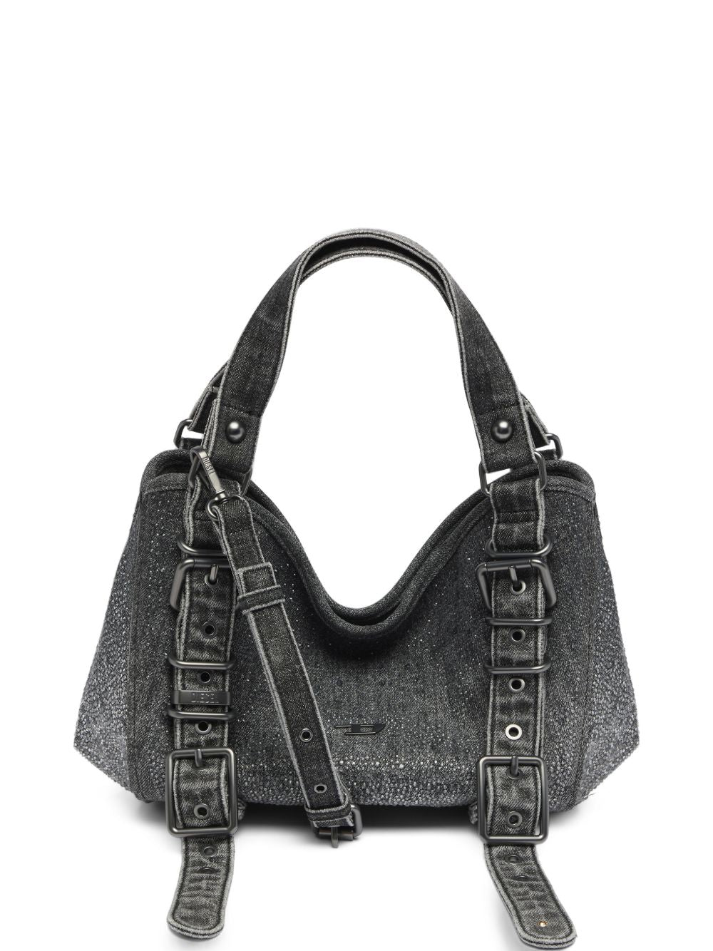 DIESEL Borsa grigia in denim con strass e fibbie