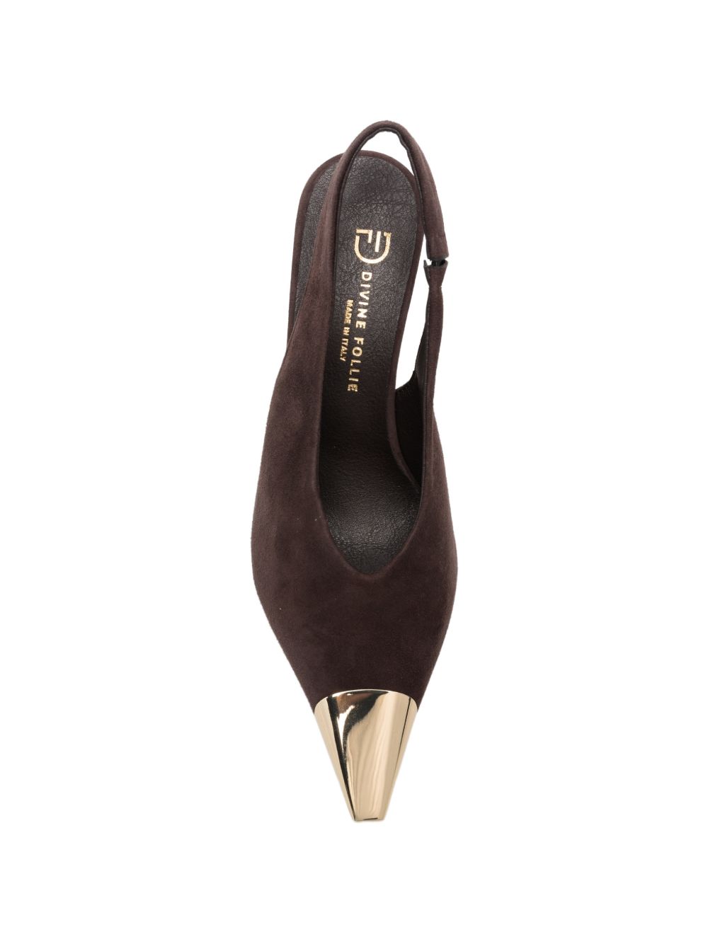 DIVINE FOLLIE Slingback marroni in suede con punta metallica dorata
