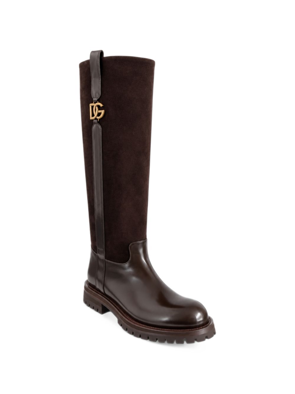 DOLCE e GABBANA Stivali alti in pelle e suede con placca logo dorata