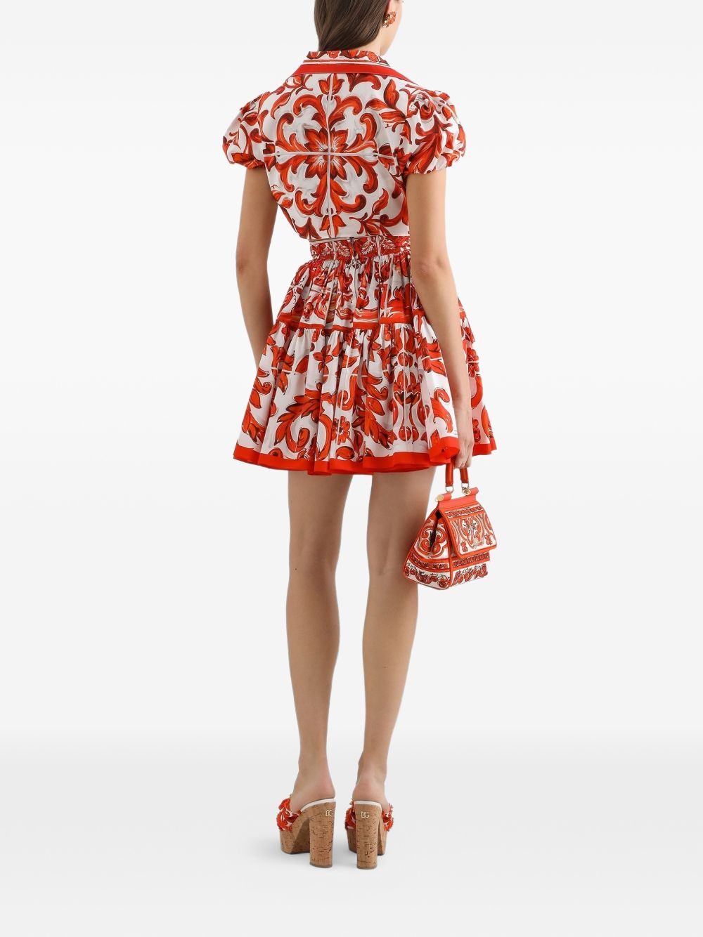 DOLCE e GABBANA Gonna in popeline bianca con stampa Maiolica arancione