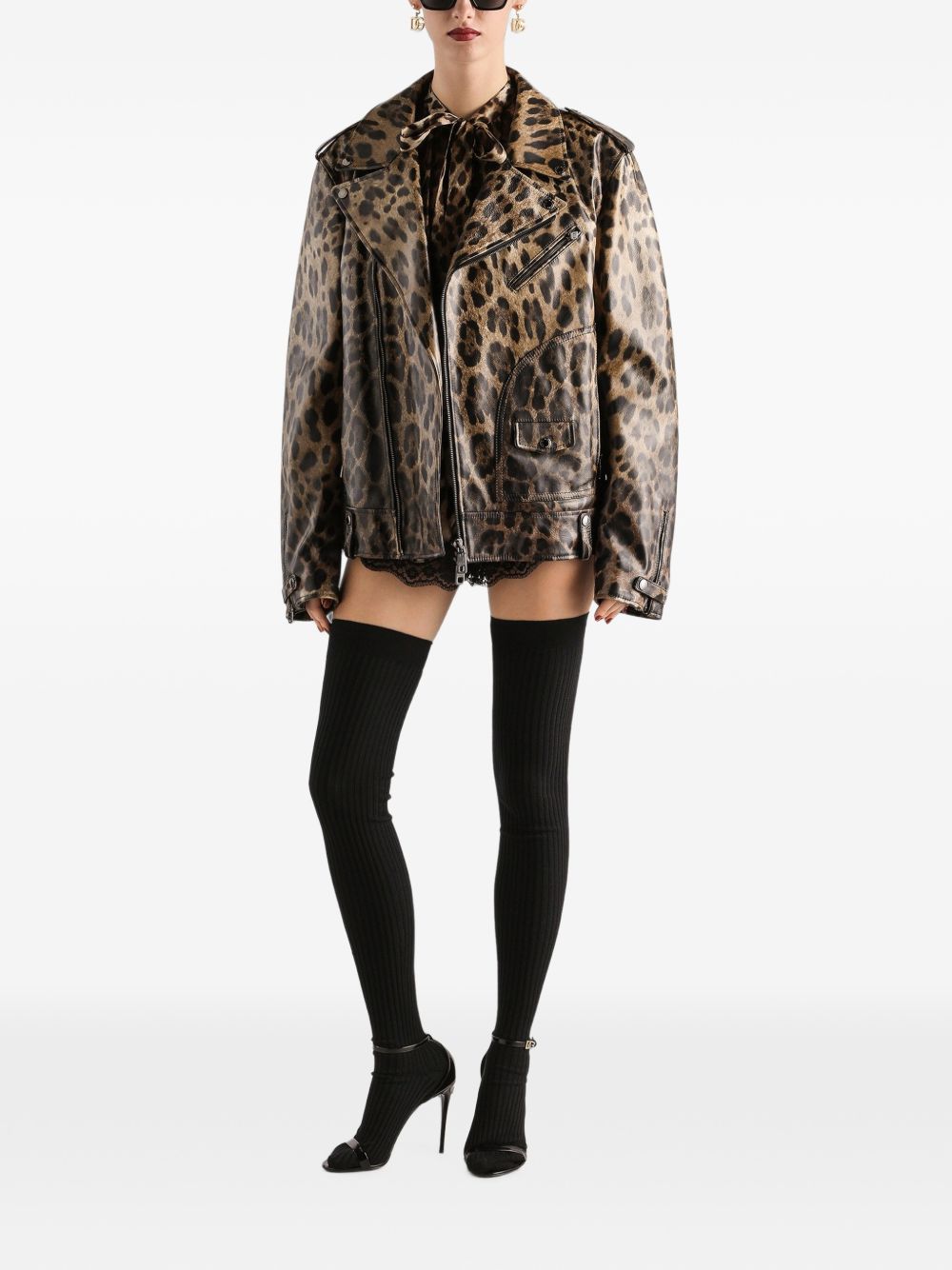 DOLCE e GABBANA Camicia animalier a maniche lunghe con fiocco al collo