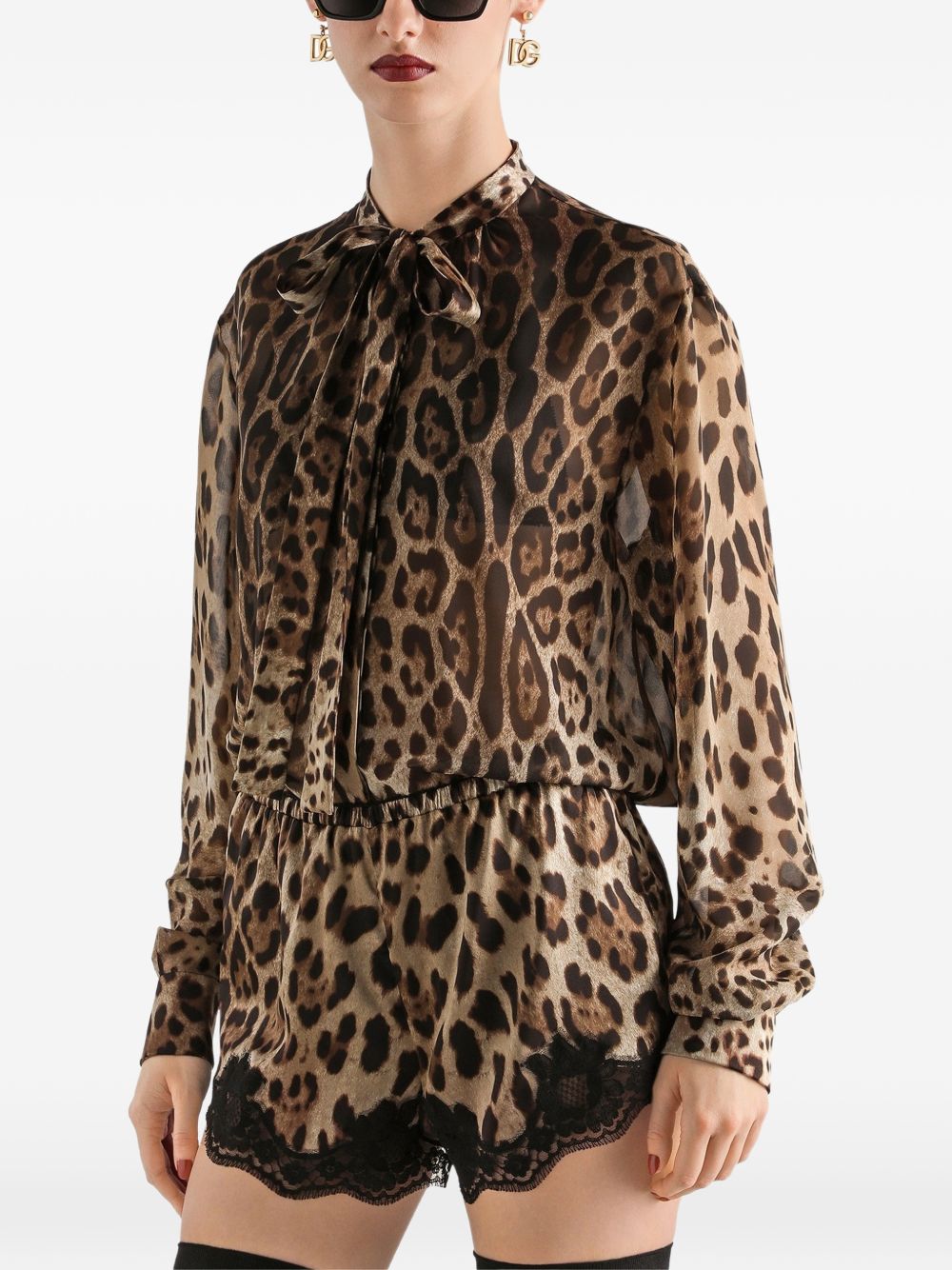 DOLCE e GABBANA Camicia animalier a maniche lunghe con fiocco al collo