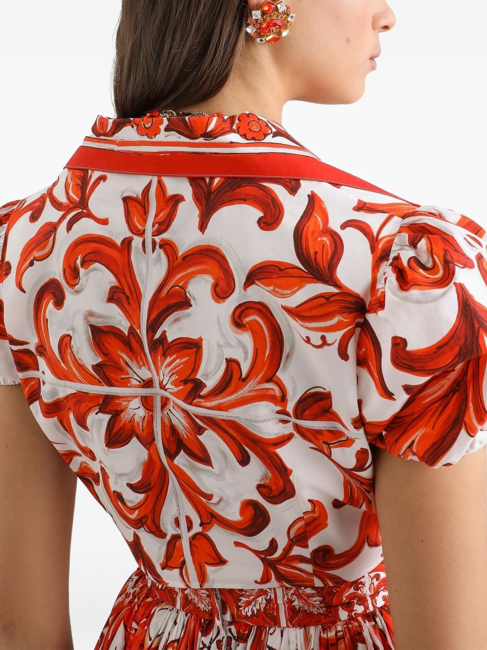DOLCE e GABBANA Camicia in popeline con stampa Maiolica bianca e arancione