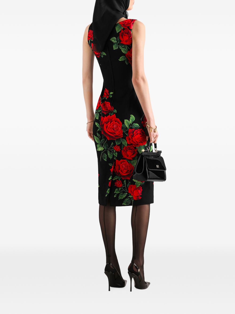 DOLCE e GABBANA Abito midi in seta nera con stampa floreale