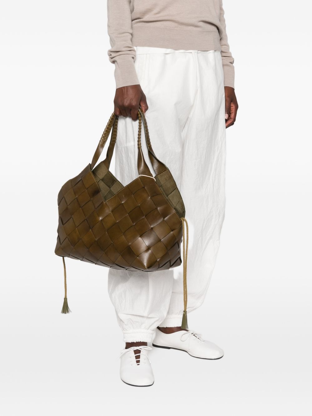 DRAGON DIFFUSION Borsa Castello in pelle intrecciata color khaki