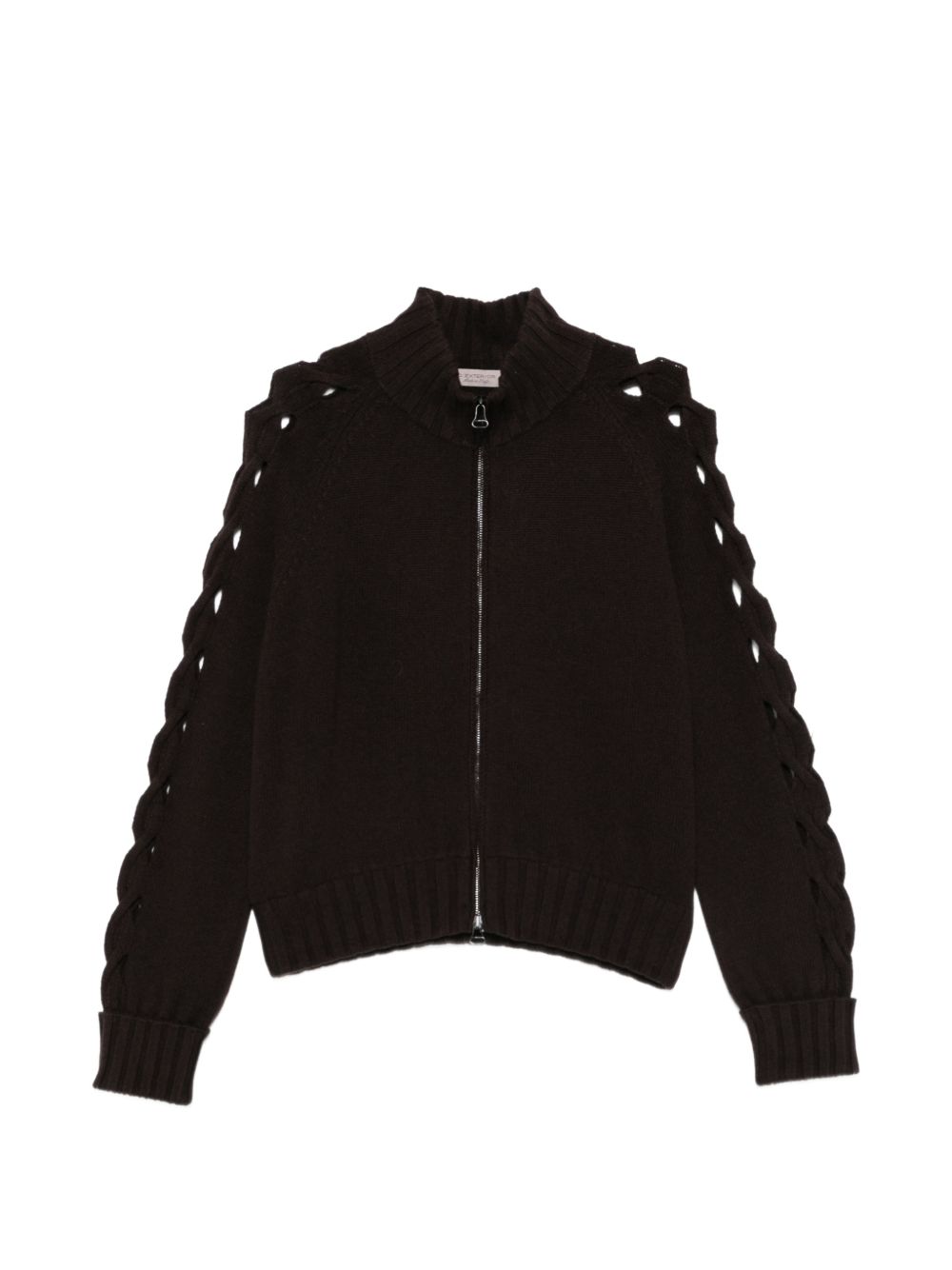D EXTERIOR Maglia marrone con zip e dettagli cut-out intrecciati sulle maniche