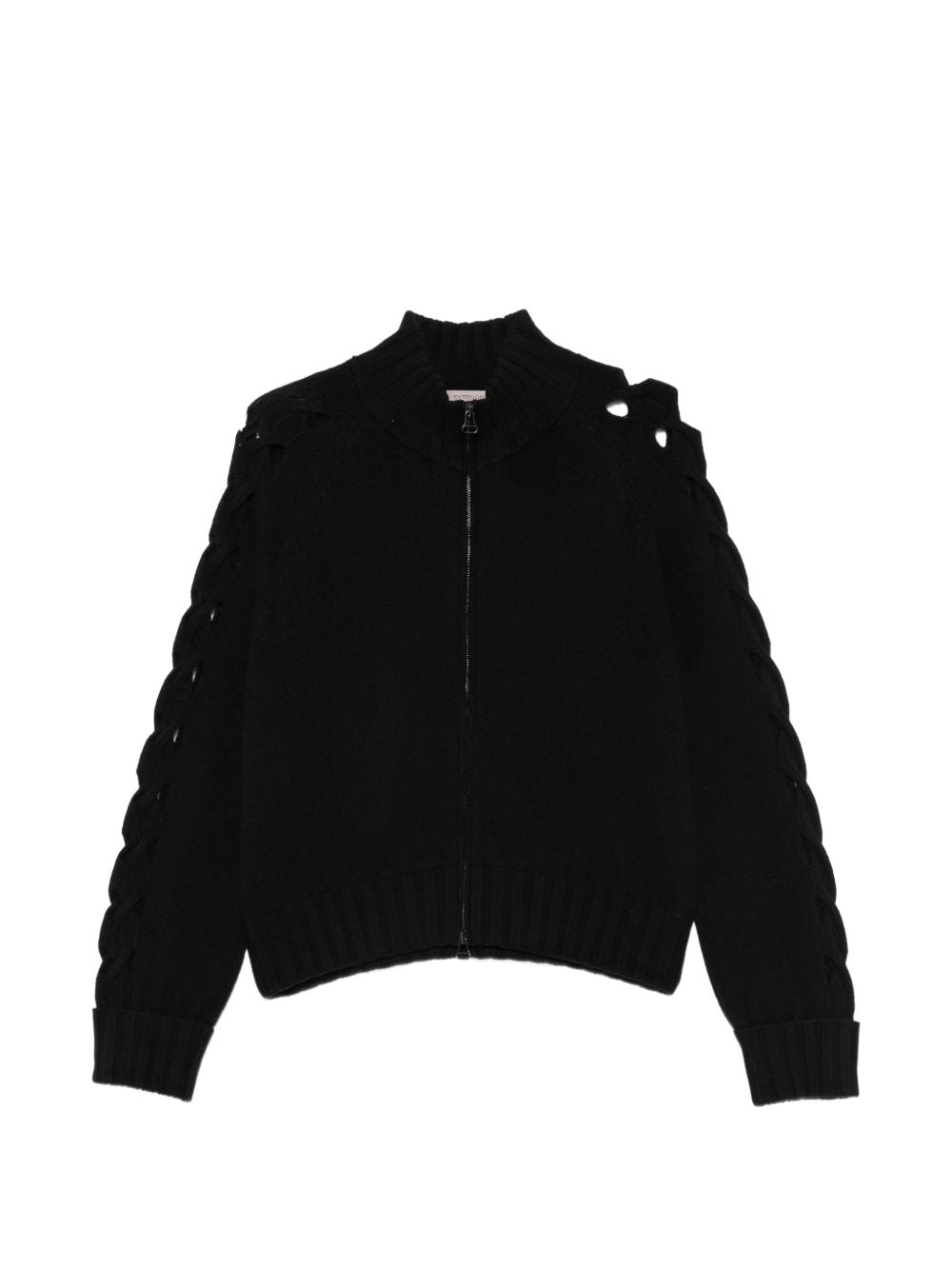 D EXTERIOR Maglia nera con zip e dettagli cut-out intrecciati sulle maniche