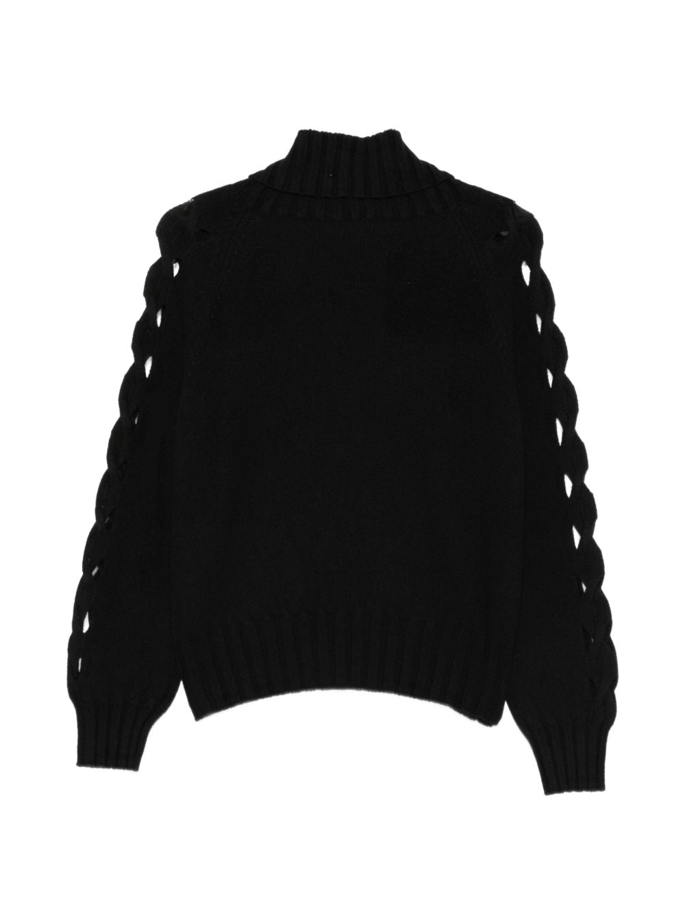 D EXTERIOR Maglia nera a collo alto con dettagli cut-out intrecciati sulle maniche