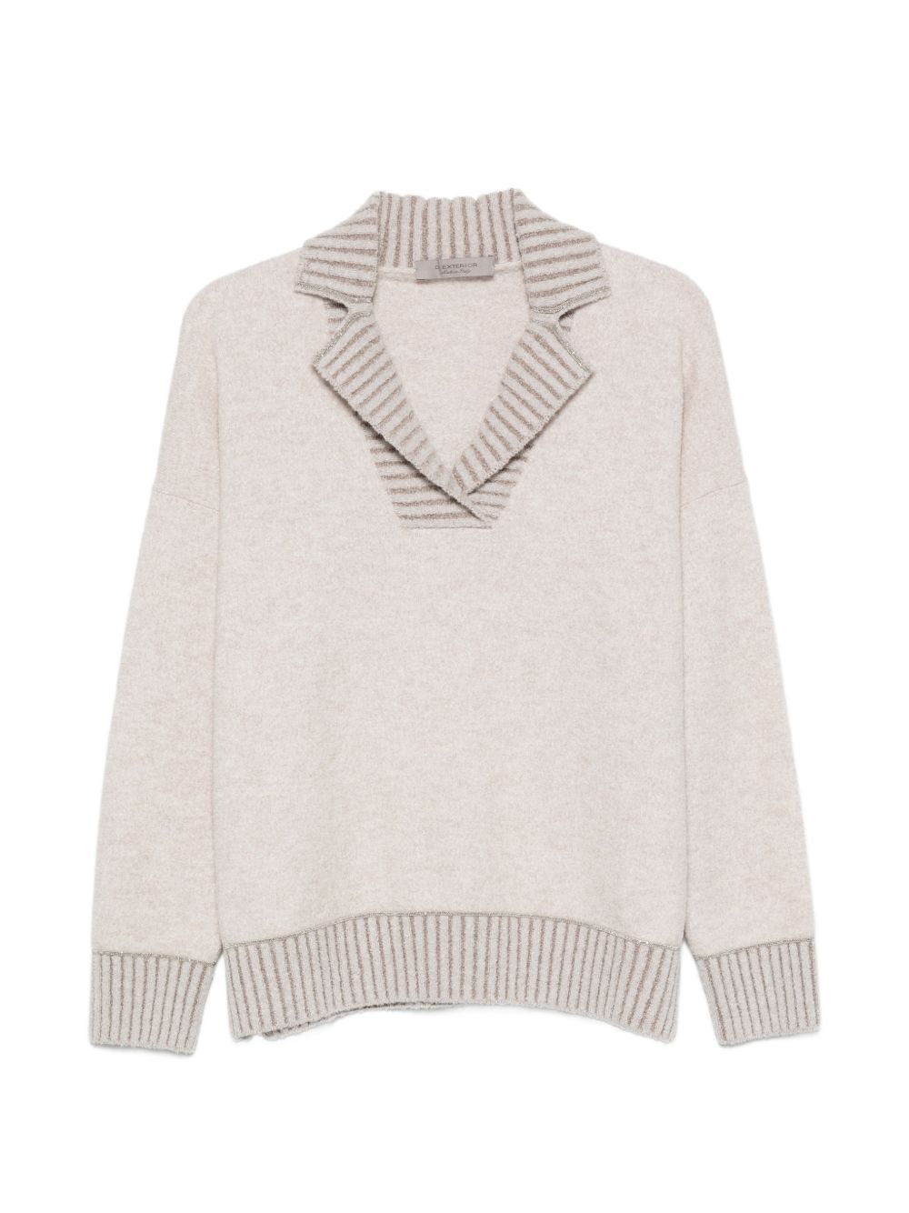 D EXTERIOR Maglia beige in lana con scollo a V e colletto a righe