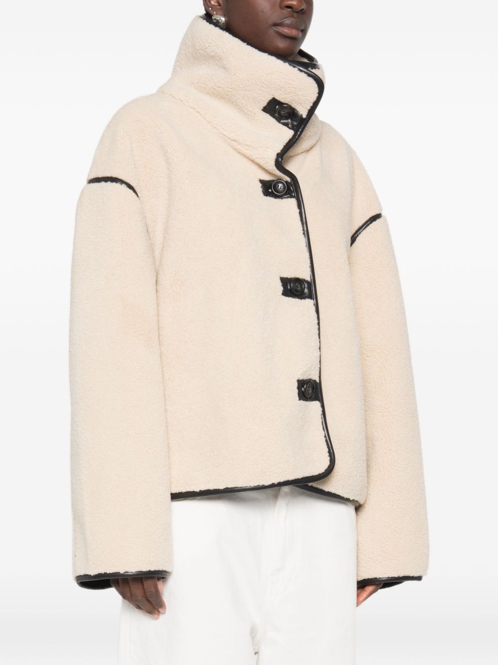 ELEH Giacca in ecopelliccia effetto shearling color crema con bordi a contrasto