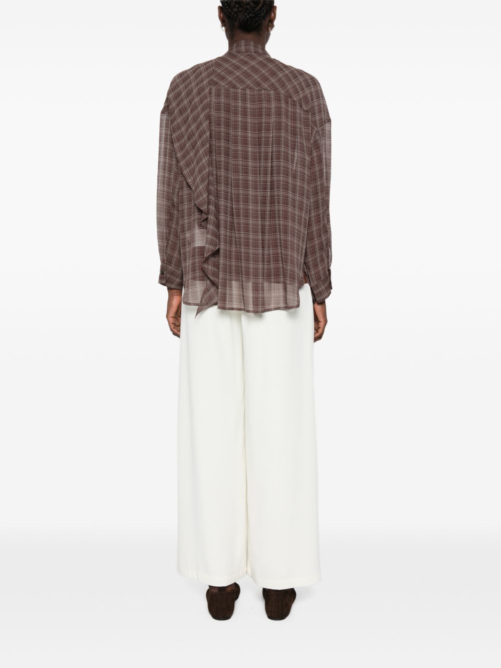 ELEH Camicia marrone con pattern check e collo lavallière
