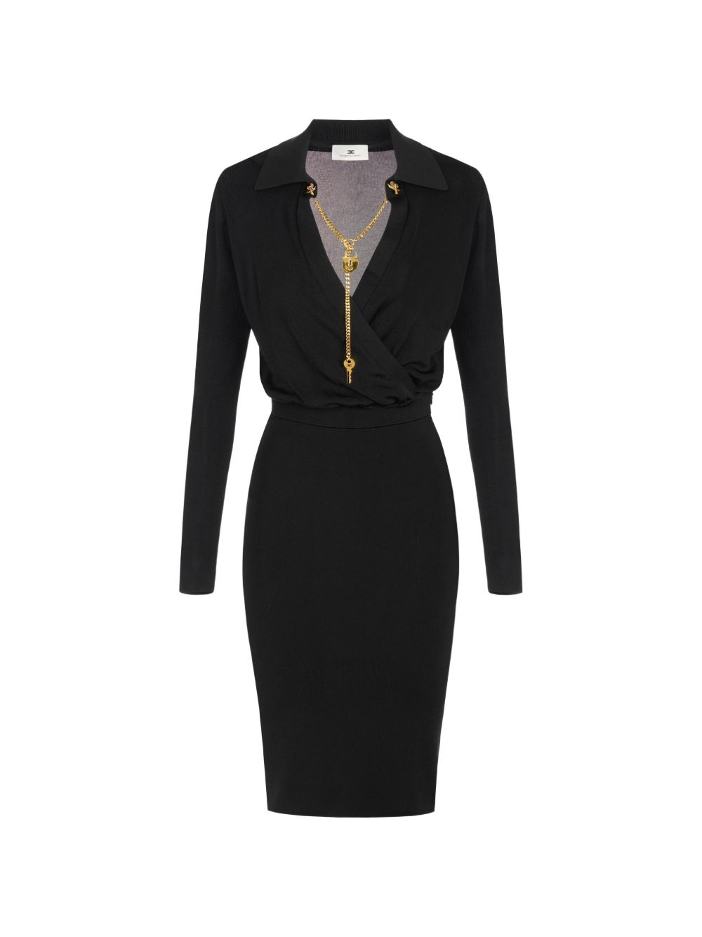 ELISABETTA FRANCHI Abito midi nero aderente con scollo a V e charm dorato sullo scollo