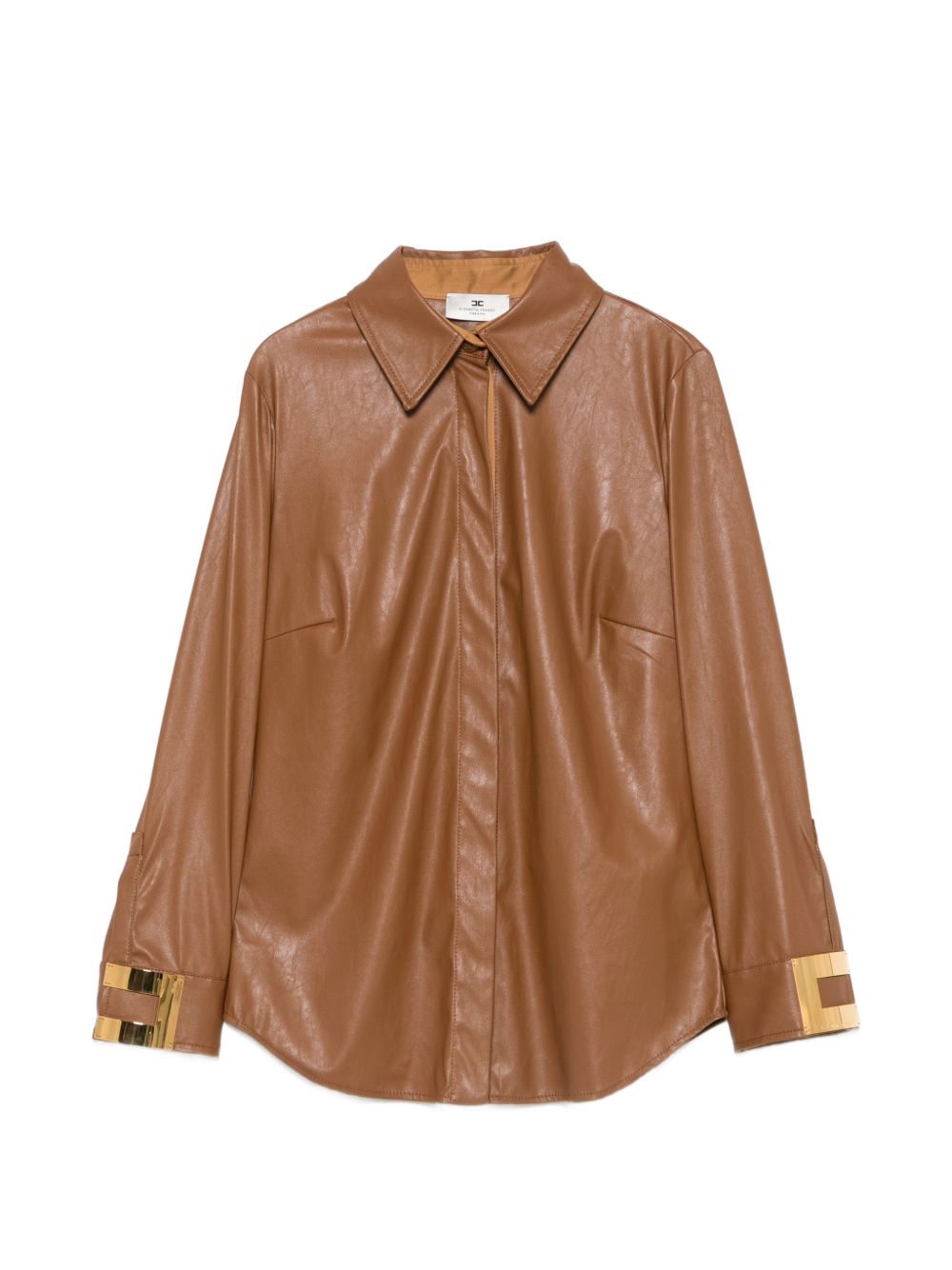 ELISABETTA FRANCHI Camicia marrone effetto pelle con logo gioiello