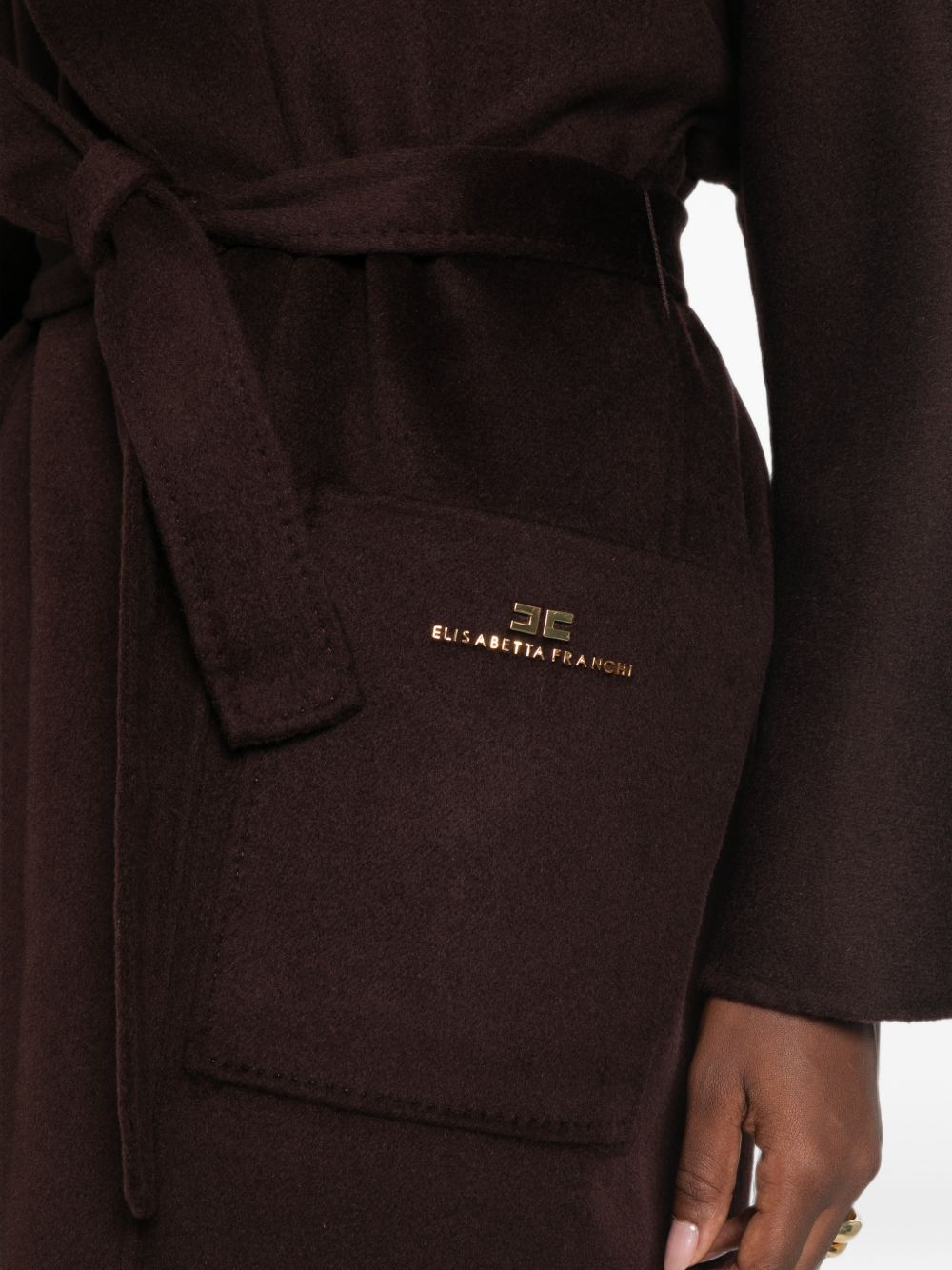 ELISABETTA FRANCHI Cappotto marrone in lana con cintura e tasche