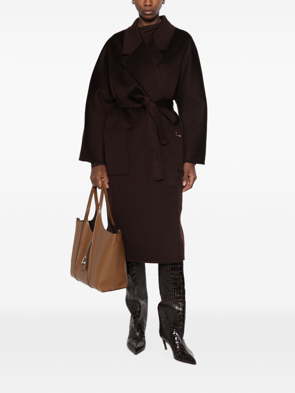 ELISABETTA FRANCHI Cappotto marrone in lana con cintura e tasche