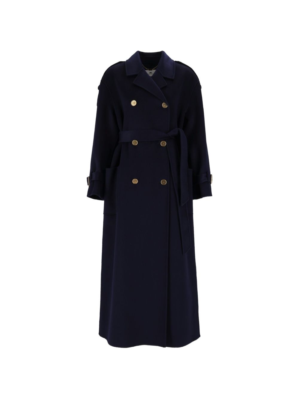 ELISABETTA FRANCHI Cappotto doppiopetto blu in lana con cintura e bottoni dorati