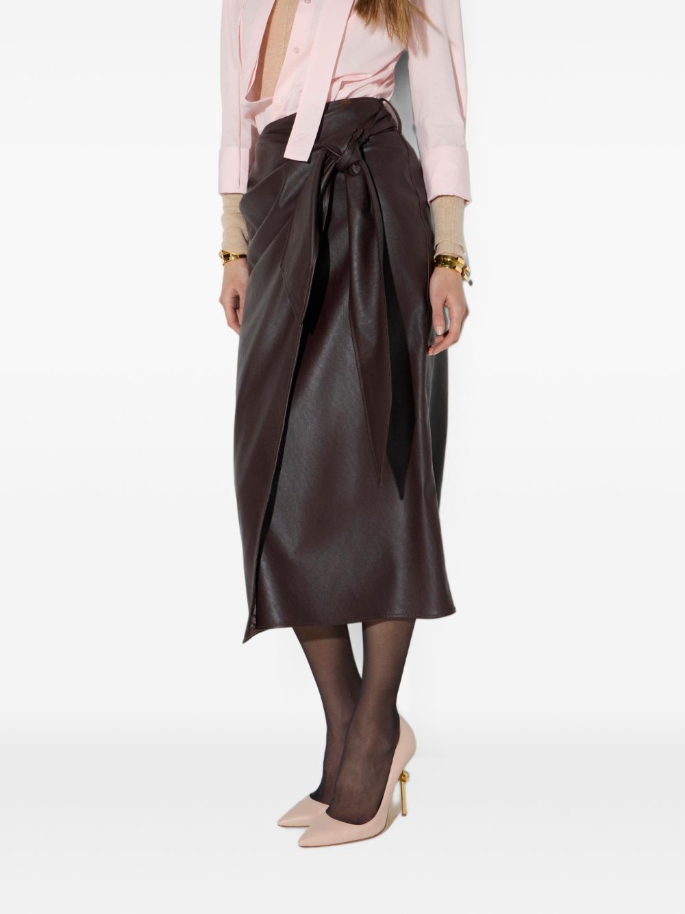 ELISABETTA FRANCHI Gonna midi marrone in ecopelle con nodo in vita