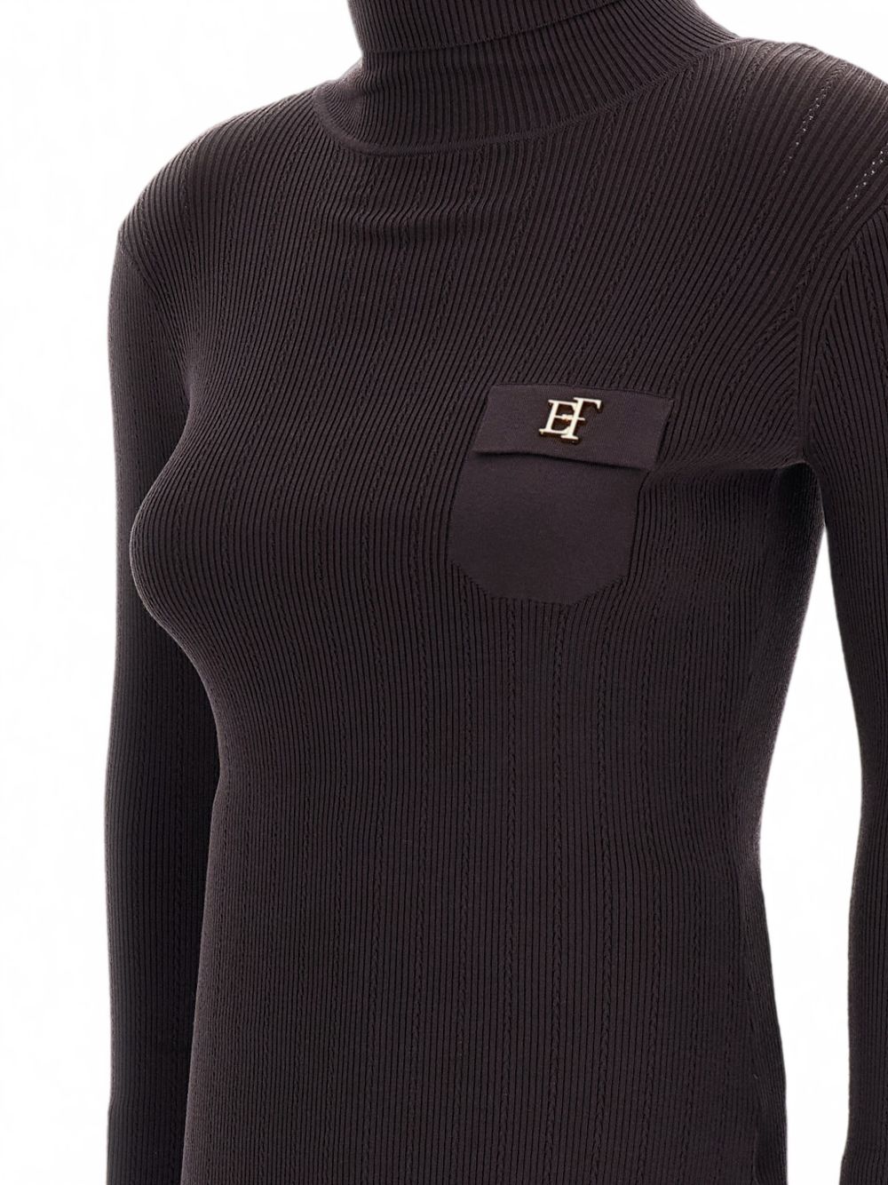 ELISABETTA FRANCHI Maglia a collo alto a costine con taschino sul petto marrone