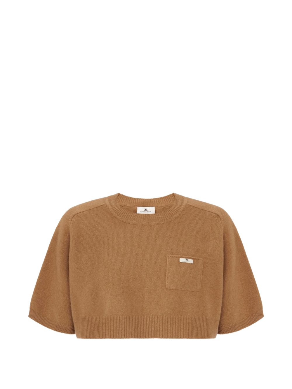 ELISABETTA FRANCHI Maglia crop cammello in lana con maniche corte e taschino