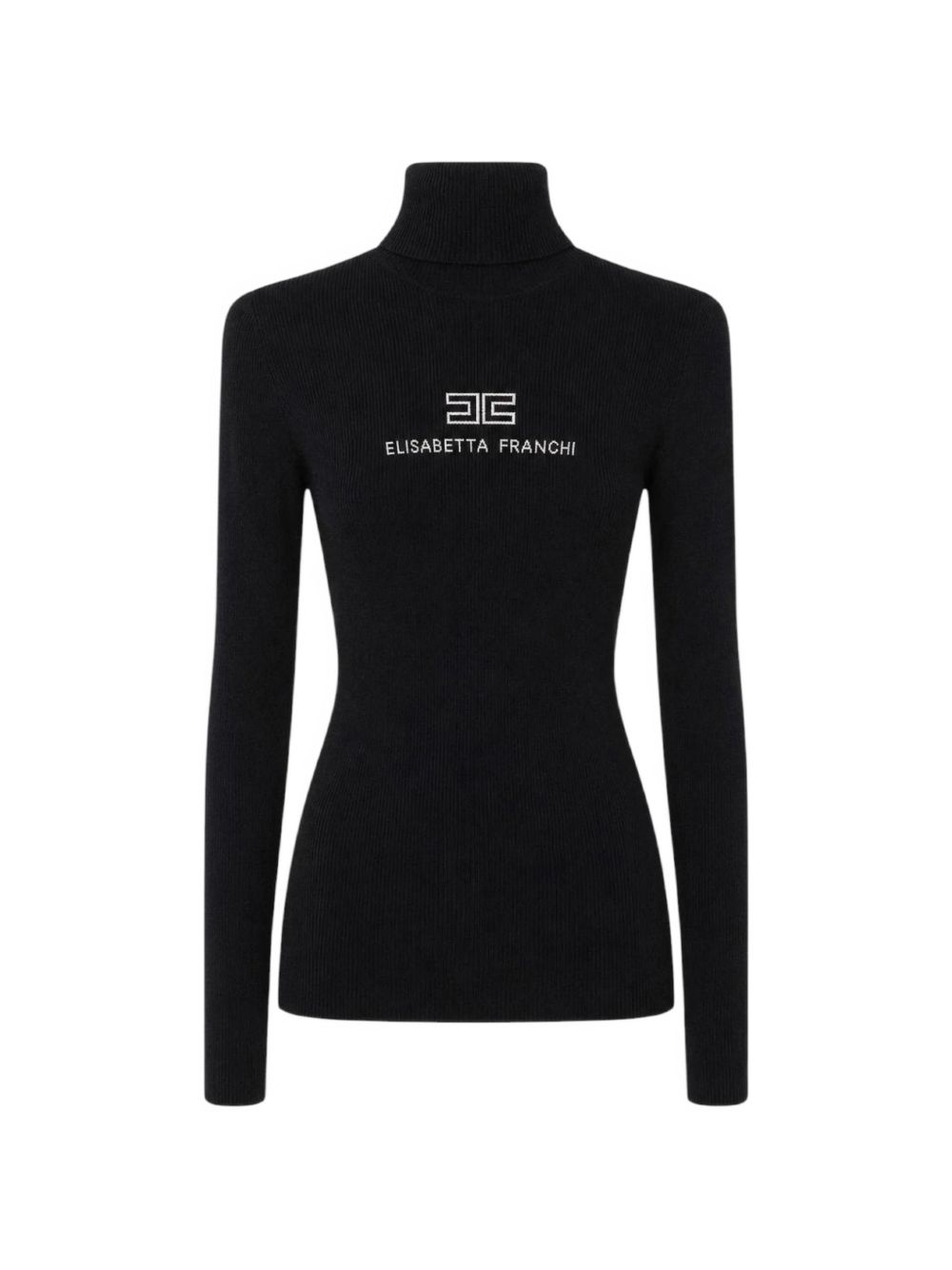 ELISABETTA FRANCHI Maglia a collo alto nera in lana con logo bianco sul petto