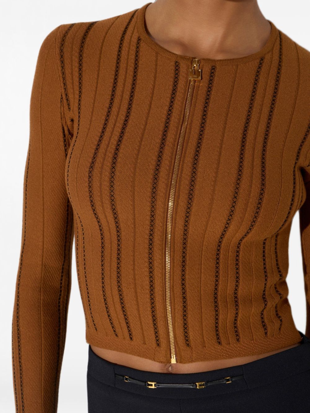 ELISABETTA FRANCHI Cardigan girocollo color tabacco con zip dorata