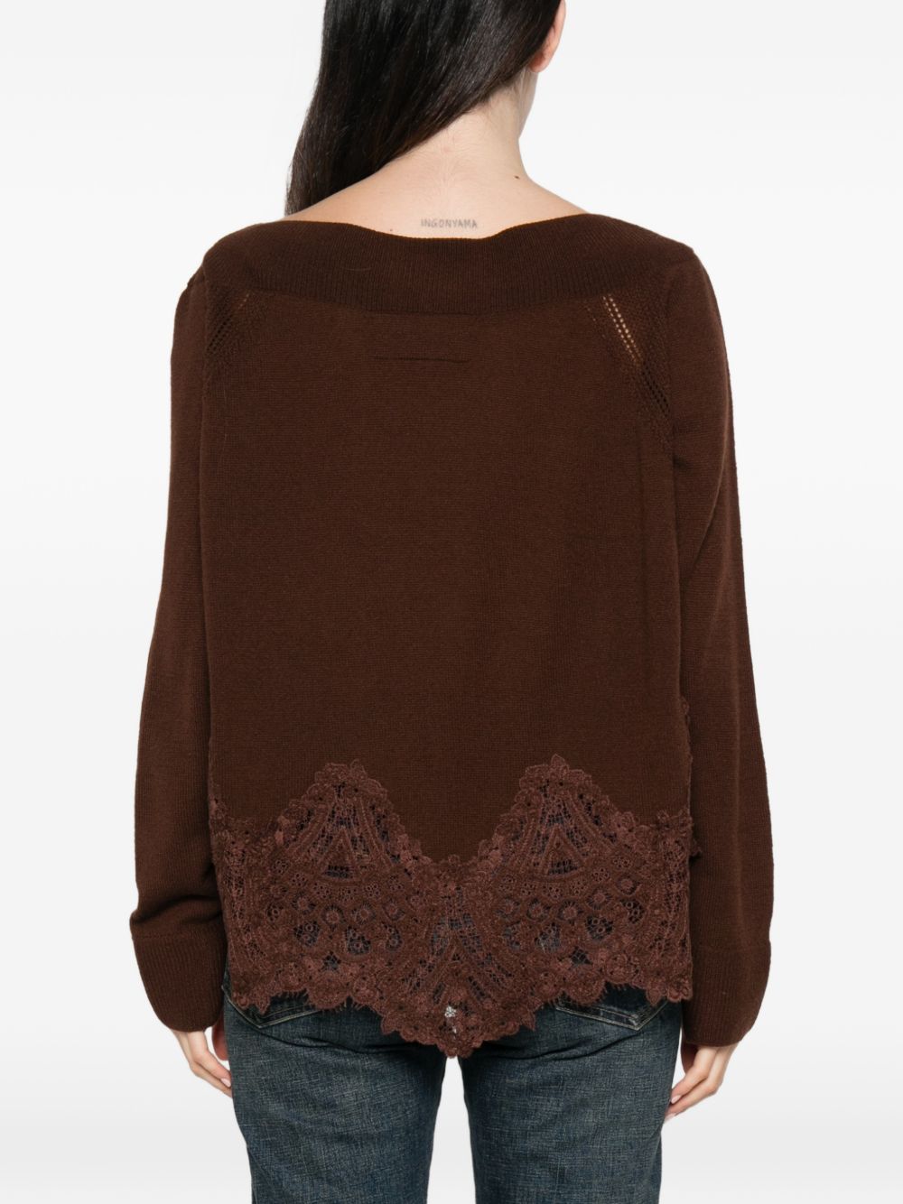 ERMANNO SCERVINO Maglia a maniche lunghe in cashmere marrone con orlo in pizzo