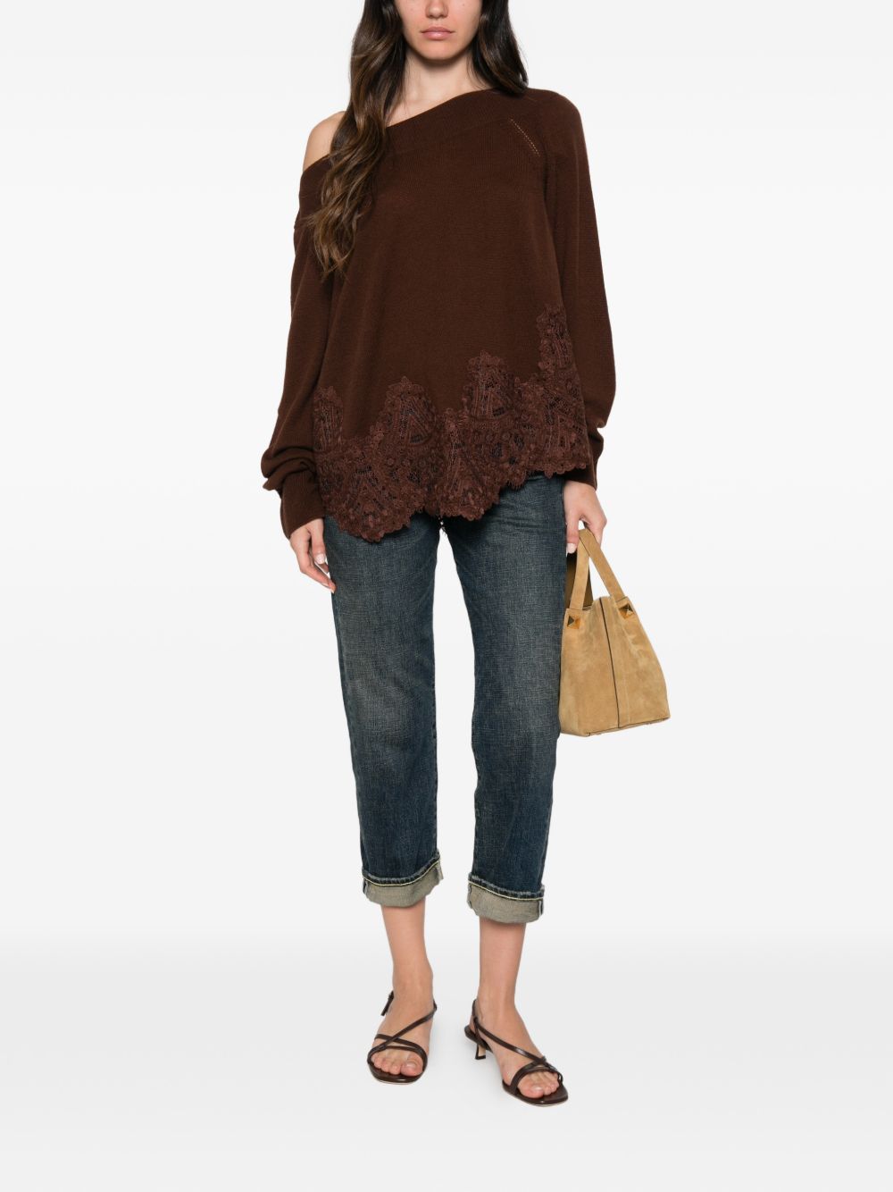 ERMANNO SCERVINO Maglia a maniche lunghe in cashmere marrone con orlo in pizzo