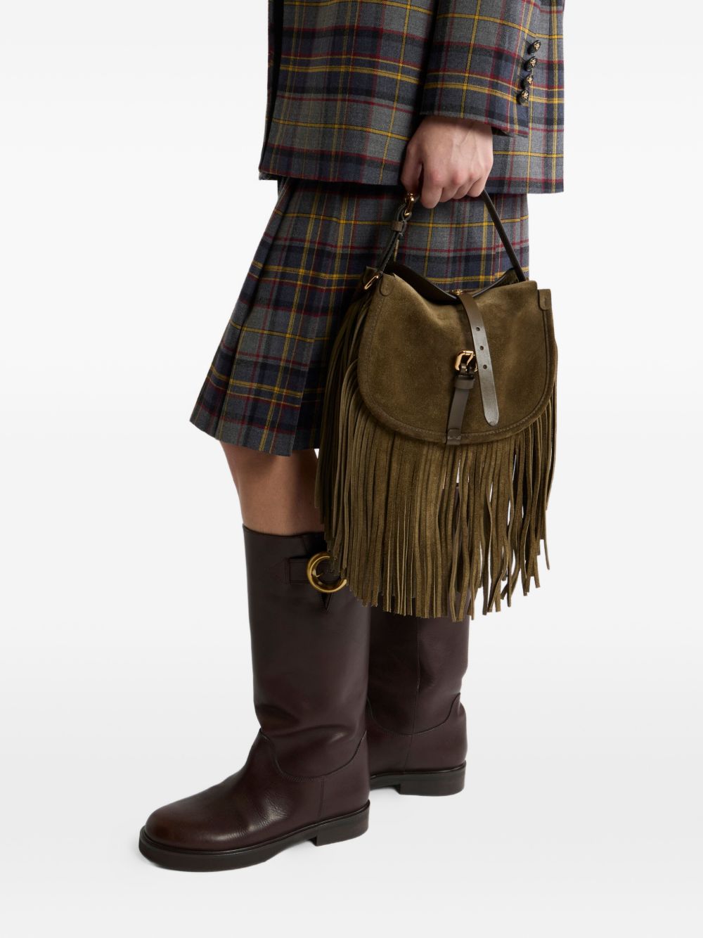 ETRO Borsa a spalla Pony Small verde in suede con frange