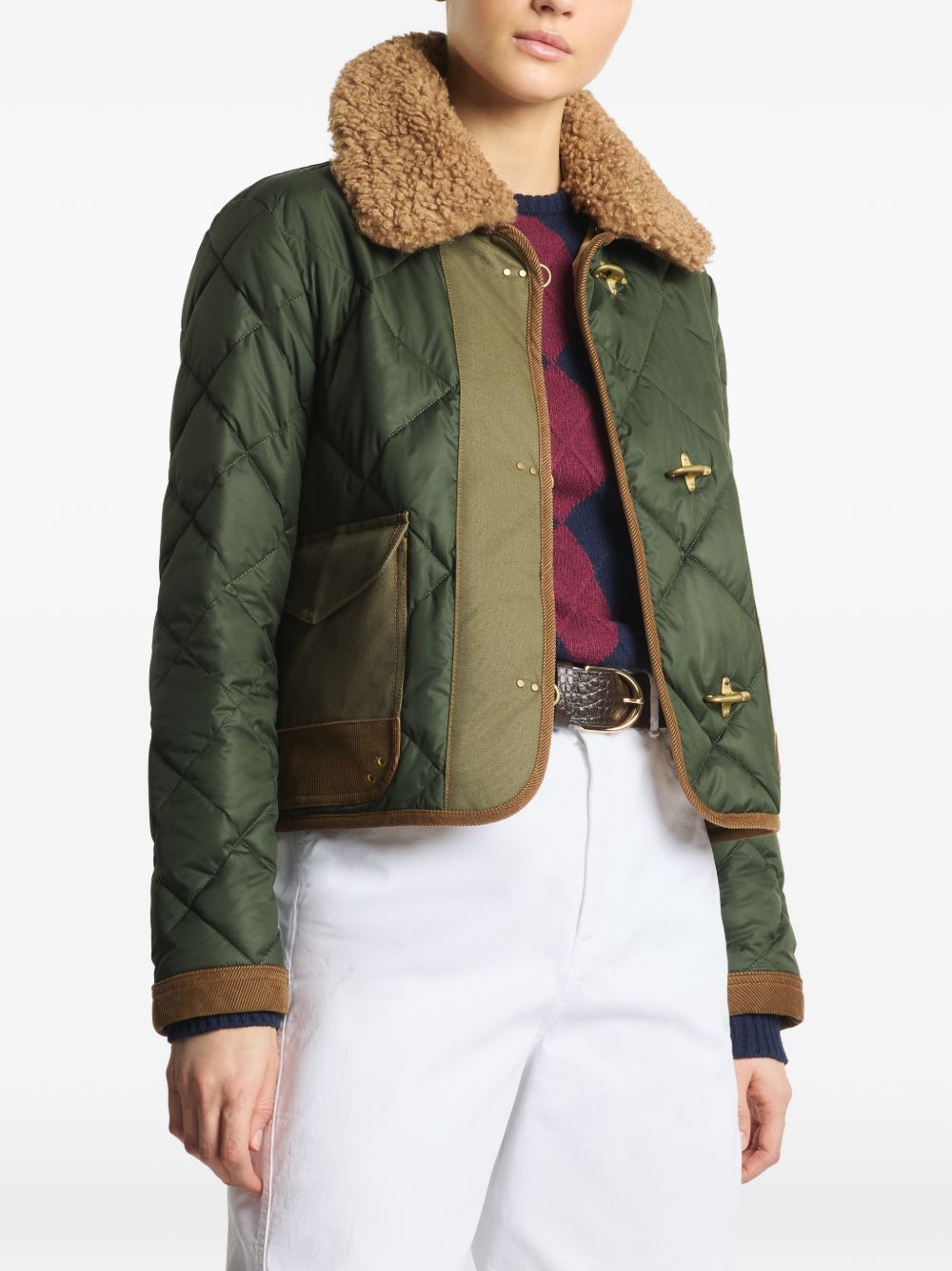 FAY Bomber trapuntato verde con tasche e colletto in fur
