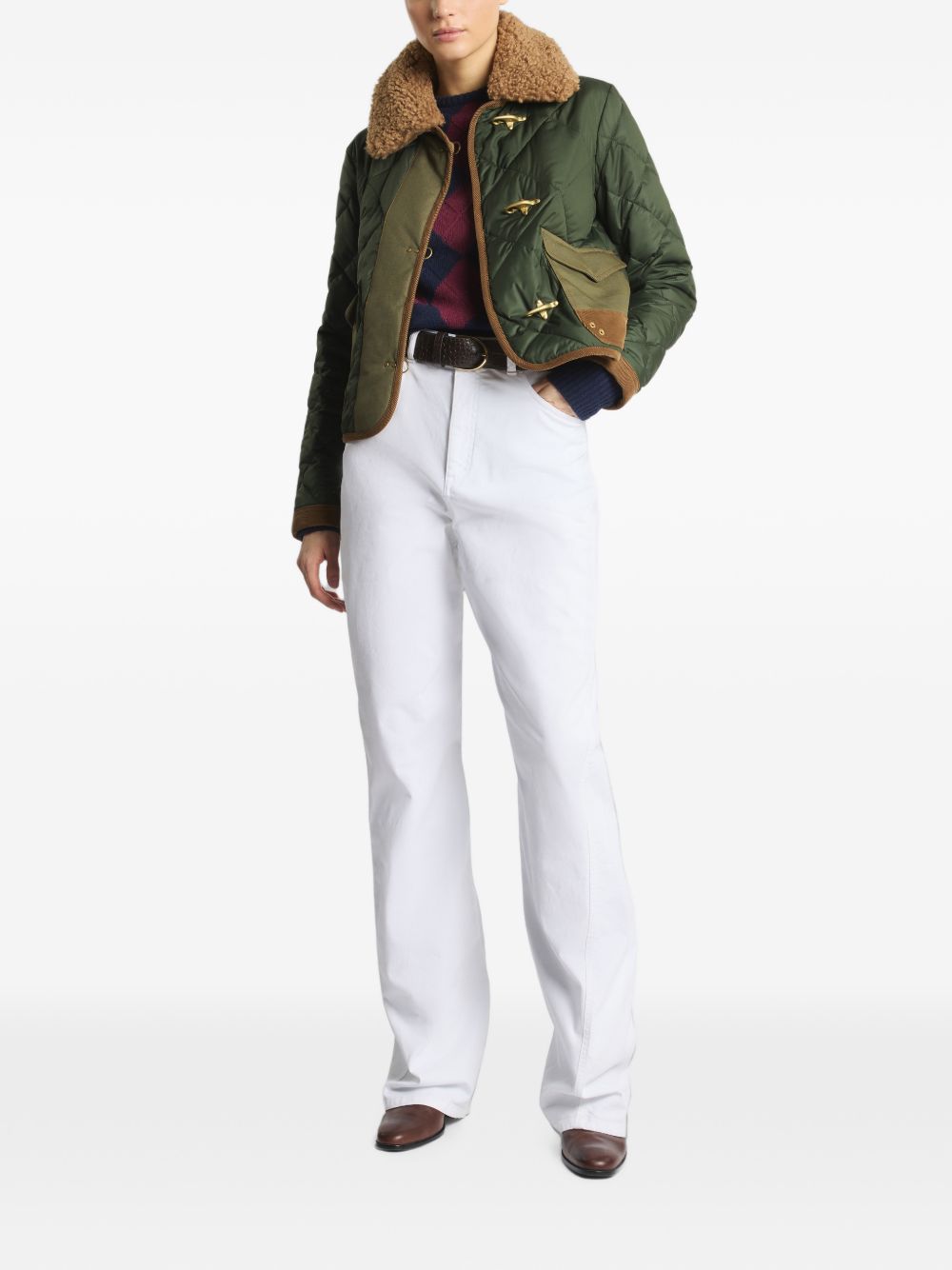 FAY Bomber trapuntato verde con tasche e colletto in fur
