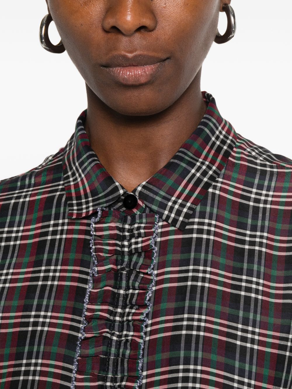 FORTE FORTE Camicia blu a quadretti con ruches sul petto