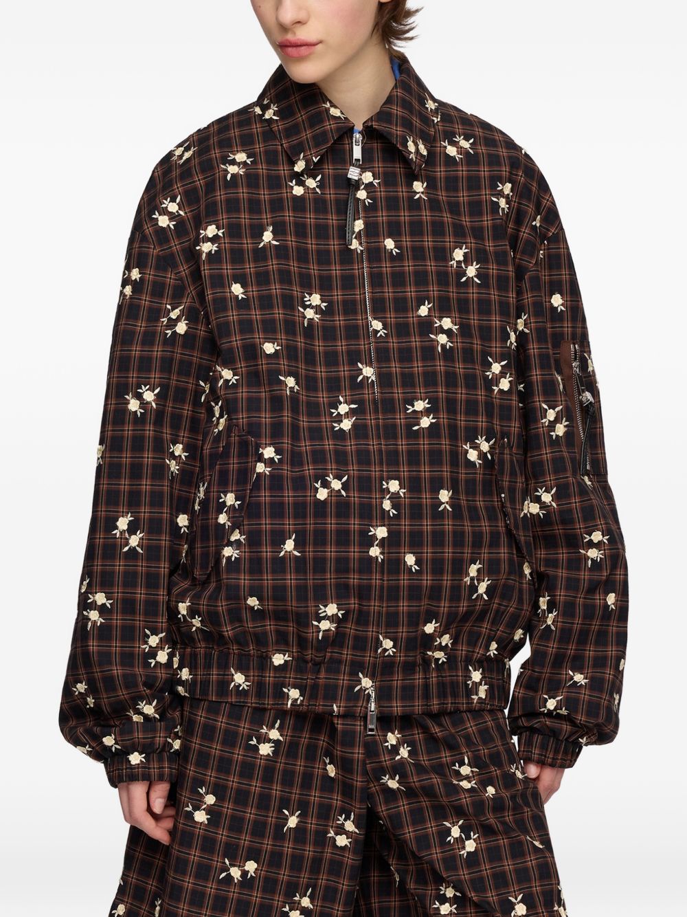 GANNI Giacca Harrington oversize a quadri con ricami floreali